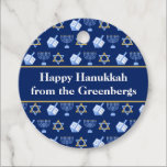 Hanukkah Dreidel Menorah Blue Custom Party Favor Tags<br><div class="desc">Beautiful Hanukkah party favor tags in pretty blue with a cool pattern of Judaism star,  dreidel for fun Chanukah games,  and the Jewish menorah for the holiday. Customize your gifts with your family name.</div>
