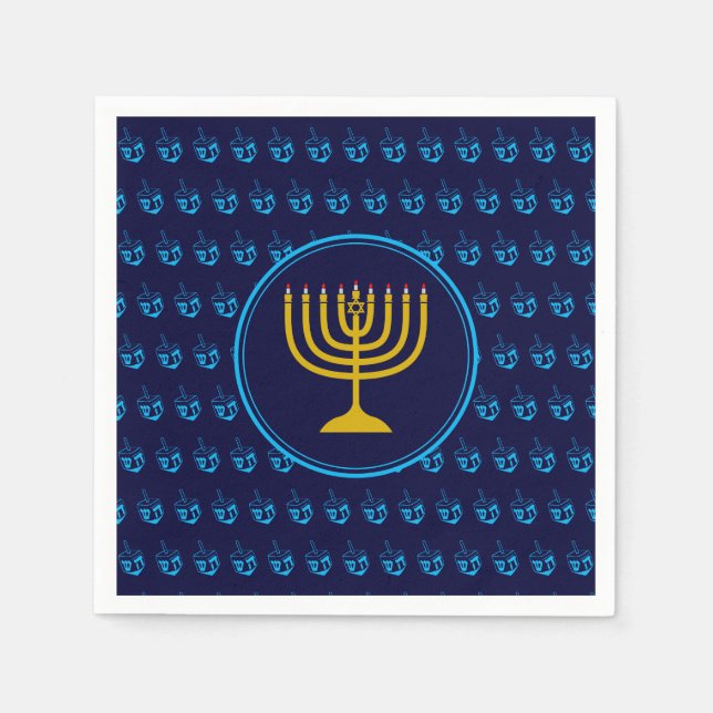 HANUKKAH | Dreidel Menorah BLUE Paper Napkins (Front)