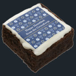Hanukkah Dreidel Menorah Custom Blue Party Brownie<br><div class="desc">Beautiful Hanukkah party brownies in dark blue with a cool pattern of Judaism star,  dreidel,  and the Jewish menorah for the Chanukah holiday. Customize this fun dessert with your family name.</div>