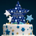 Hanukkah Dreidel Menorah Pattern Blue Custom Party Cake Topper<br><div class="desc">Beautiful Hanukkah cake topper in a dark blue star shape with a cool pattern of Judaism star,  dreidel,  and the Jewish menorah for the Chanukah holiday. Customize this design with your family name.</div>