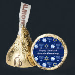 Hanukkah Dreidel Menorah Pattern Blue Custom Party Hershey®'s Kisses®<br><div class="desc">Beautiful Hanukkah Hershey's Kisses in dark blue with a cool pattern of Judaism star,  dreidel,  and the Jewish menorah for the Chanukah holiday. Customize this chocolate candy party favor with your family name.</div>