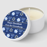 Hanukkah Dreidel Menorah Pattern Blue Custom Party Mini Candle Favors<br><div class="desc">Beautiful Hanukkah mini candles in dark blue with a cool pattern of Judaism star,  dreidel,  and the Jewish menorah for the Chanukah holiday. Customize this party favor with your family name.</div>