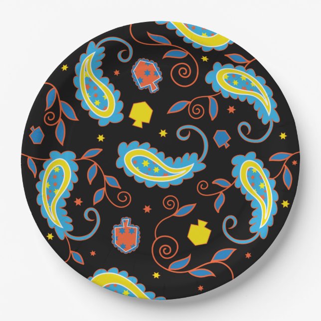 Hanukkah Dreidel Paisley Design Paper Plates (Front)