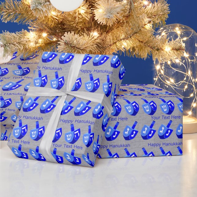 Hanukkah Dreidels Blue Pattern Personalize This Wrapping Paper (Holidays)