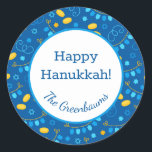 Hanukkah Dreidels Classic Round Sticker<br><div class="desc">These fabulous gift tags would look great on all your Hanukkah gifts.  They are so festive with their pattern with dreidels,  menorahs,  Stars of David,  and gelt.  Trendy yet traditional.  And,  they are customizable with your family name.</div>