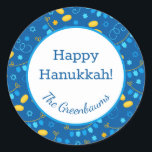 Hanukkah Dreidels Classic Round Sticker<br><div class="desc">These fabulous gift tags would look great on all your Hanukkah gifts.  They are so festive with their pattern with dreidels,  menorahs,  Stars of David,  and gelt.  Trendy yet traditional.  And,  they are customizable with your family name.</div>