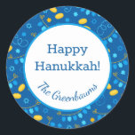 Hanukkah Dreidels Classic Round Sticker<br><div class="desc">These fabulous gift tags would look great on all your Hanukkah gifts.  They are so festive with their pattern with dreidels,  menorahs,  Stars of David,  and gelt.  Trendy yet traditional.  And,  they are customizable with your family name.</div>