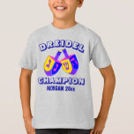 Hanukkah Dreidels Colorful Funny Dreidel Champ T-Shirt<br><div class="desc">Someone in the family is the DREIDEL CHAMPION - award them with this funny personalized shirt! The space for a name and optional year is easy to personalize; both Dreidel and Champion can also be customized. The open style font in dark blue allows my unique and extremely colorful Hanukkah Dreidels...</div>
