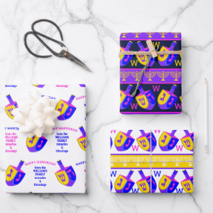 Hanukkah Dreidels Colorful Monogram Assortment Wrapping Paper Sheets