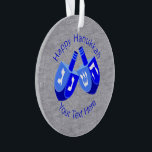 Hanukkah Dreidels In Blue Cute Kids Chrismukkah Ornament<br><div class="desc">The Chrismukkah tradition is about love of family and blending two holidays into memories that embrace both beliefs. This Happy Hanukkah ornament with double Dreidels in bold colors of vivid blue and crisp white set on a faux silver background will look good on a Hanukkah bush, a Christmas tree or...</div>