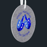 Hanukkah Dreidels In Blue Cute Kids Chrismukkah Ornament<br><div class="desc">The Chrismukkah tradition is about love of family and blending two holidays into memories that embrace both beliefs. This Happy Hanukkah ornament with double Dreidels in bold colors of vivid blue and crisp white set on a faux silver background will look good on a Hanukkah bush, a Christmas tree or...</div>