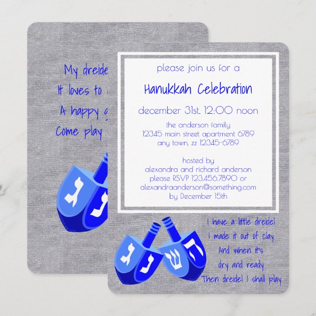 Hanukkah Dreidels In Blue Dreidel Song Party Invitation (Front/Back)