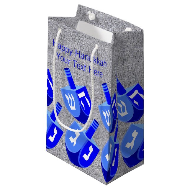 Hanukkah Dreidels In Blue Pattern Small Holiday Gift Bag (Front Angled)