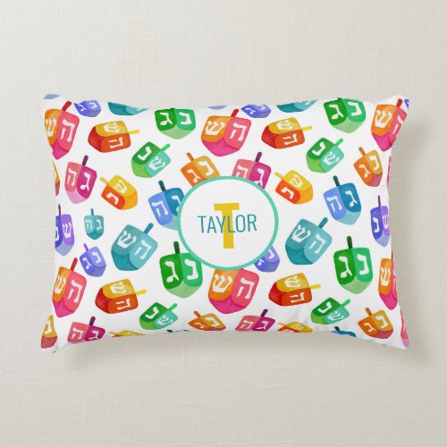 Hanukkah Dreidels Rainbow Watercolor Holiday Accent Pillow