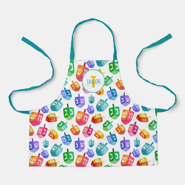 Hanukkah Dreidels Rainbow Watercolor Holiday Apron (Front)
