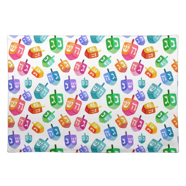 Hanukkah Dreidels Rainbow Watercolor Holiday Cloth Placemat (Front)