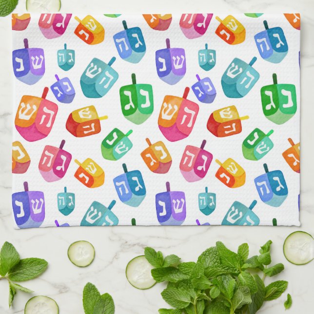 Hanukkah Dreidels Rainbow Watercolor Holiday Kitchen Towel (Folded)