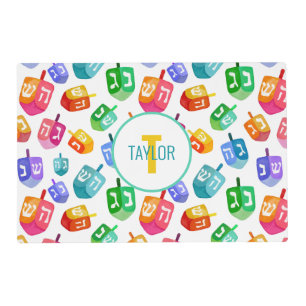 Hanukkah Dreidels Rainbow Watercolor Holiday Placemat
