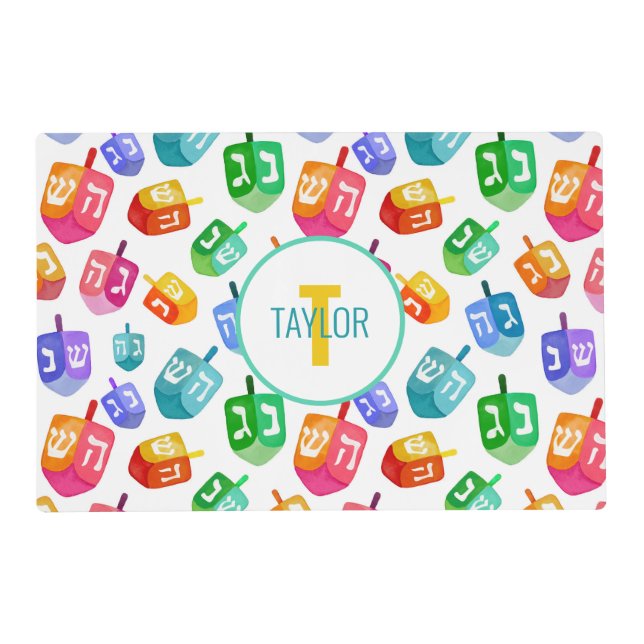 Hanukkah Dreidels Rainbow Watercolor Holiday Placemat (Front)