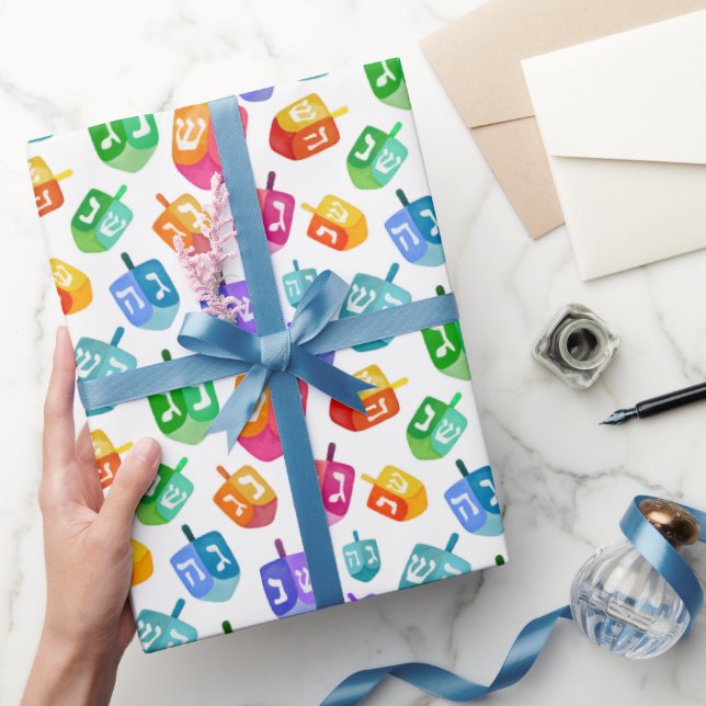 Hanukkah Dreidels Rainbow Watercolor Holiday Wrapping Paper (Gifting)