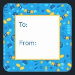 Hanukkah Dreidels To From Square Sticker<br><div class="desc">These fabulous gift tags would look great on all your Hanukkah gifts.  They are so festive with Hanukkah Banners,  menorahs,  gelt,  and blue and gold Stars of David sprinkled all over.  They'll look so amazing on your gifts.</div>