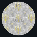 Hanukkah Elegant Stickers (1 1/2"/3")<br><div class="desc">Hanukkah/Elegant Holiday stickers. Choose from 1 1/2" and 3" stickers. Personalize by deleting or replacing, "To: Love" with your own message. Choose your favorite font size, style, and color. Thanks for stopping and shopping by! Your business is very much appreciated! Happy Hanukkah! Shape: Classic Round Sticker Make your unique style...</div>