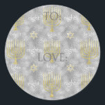 Hanukkah Elegant Stickers (1 1/2"/3")<br><div class="desc">Hanukkah/Elegant Holiday stickers. Choose from 1 1/2" and 3" stickers. Personalize by deleting or replacing, "To: Love" with your own message. Choose your favorite font size, style, and color. Thanks for stopping and shopping by! Your business is very much appreciated! Happy Hanukkah! Shape: Classic Round Sticker Make your unique style...</div>