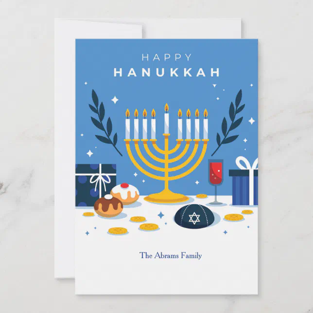 A Hanukkah-themed card set against a light grey marble background.