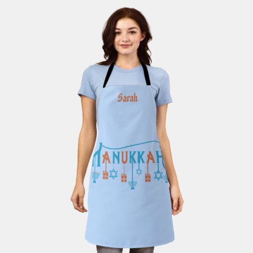 Hanukkah emblems and editable name apron