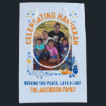 HANUKKAH FAMILY Customizable Photo  Medium Gift Bag<br><div class="desc">Personalizable family HANUKKAH Medium Gift Bag with CUSTOMIZABLE TEXT AND PHOTO. Add your details and upload your vertical photo on the front. The reverse has been left plain for any personal handwritten thank you messages. Design features the arched window design with Hanukkah elements of Star of David, menorah and dreidel....</div>