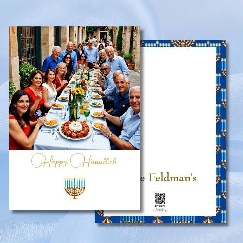 Hanukkah Family Photo Blue Gold  Holiday Card