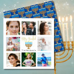 Hanukkah Family Photo Collage Gold Blue Holiday Card<br><div class="desc">A simple collage of family photos form this personal Hanukkah Greeting card.
A gold ornament is also part of the design. On the reverse the Menorrah is patterned
on a blue background.
Easily change the photos for your own personal images.</div>