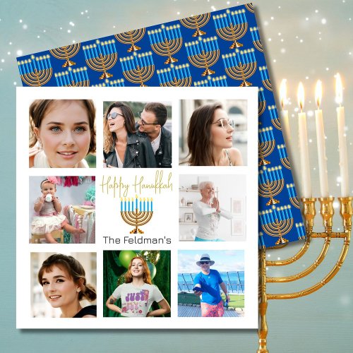 Hanukkah Family Photo Collage Gold Blue Holiday Card