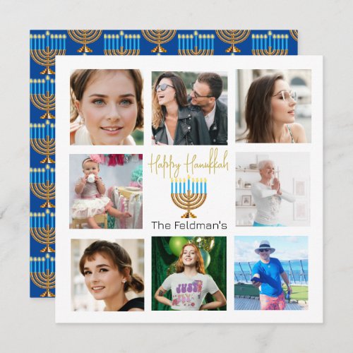 Hanukkah Family Photo Collage Gold Blue Holiday Card