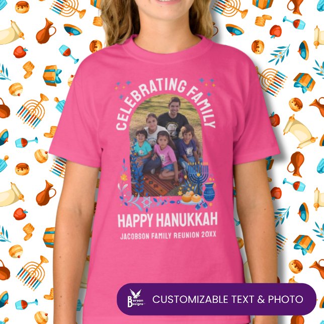 HANUKKAH FAMILY REUNION Customizable Kids Photo  T-Shirt (Customizable CELEBRATING FAMILY shirt for Hanukkah. Personalize with photo and family name.)