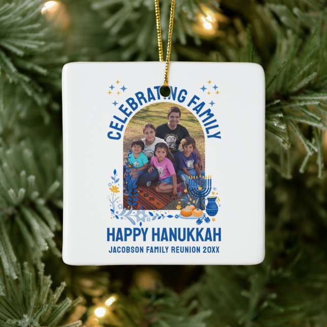 HANUKKAH FAMILY REUNION Customizable Photo  Ceramic Ornament (Tree)