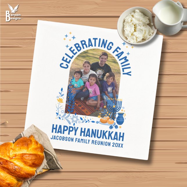 HANUKKAH FAMILY REUNION Customizable Photo  Napkins (Celebrating Family Hanukkah napkins with customizable photo and text. Ideal for Chanukah reunions.)