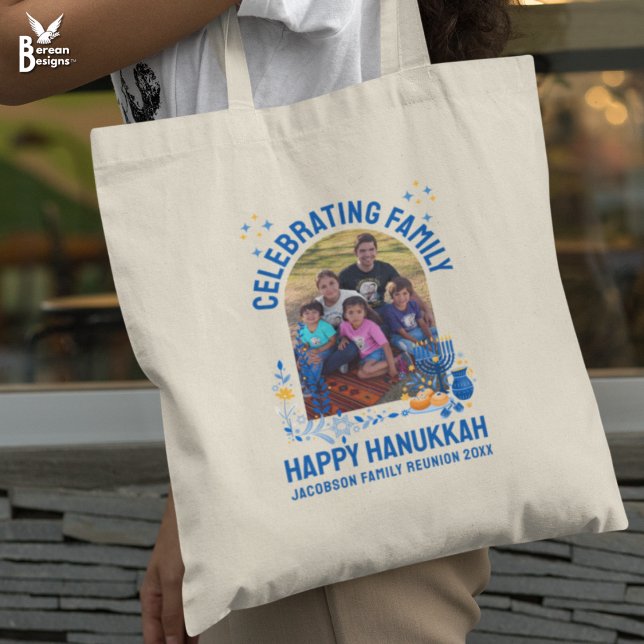 HANUKKAH FAMILY REUNION Customizable Photo  Tote Bag (Customizable CELEBRATING FAMILY Tote Bag for Hanukkah. Ideal favor bag for family reunions.)