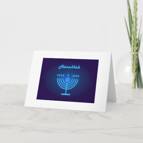 Hanukkah Festival Menorah Blue Neon Lights Symbol Card