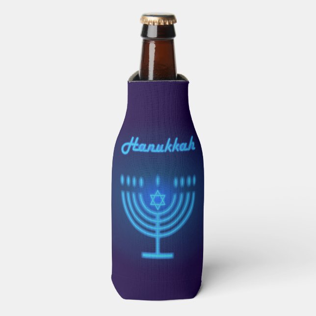 Hanukkah Festival Menorah Logo decorative blue Bottle Cooler (Bottle Front)