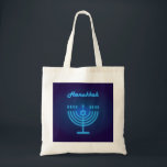 Hanukkah Festival Menorah Logo Tote Bag<br><div class="desc">Happy Hanukkah Festival Menorah Logo decorative blue ornament,  Star of David,  Tote Bag Design. Hanukkah Jewish Holiday Trendy design,  blue neon lights Jewish Holiday festive illustration for Accessories,  Bags & Wallets ,  Totes & Shopping Bags,  Tote Bags,  Hanukkah Sign. Israel Jerusalem 2023 Celebrate 75th Anniversary</div>