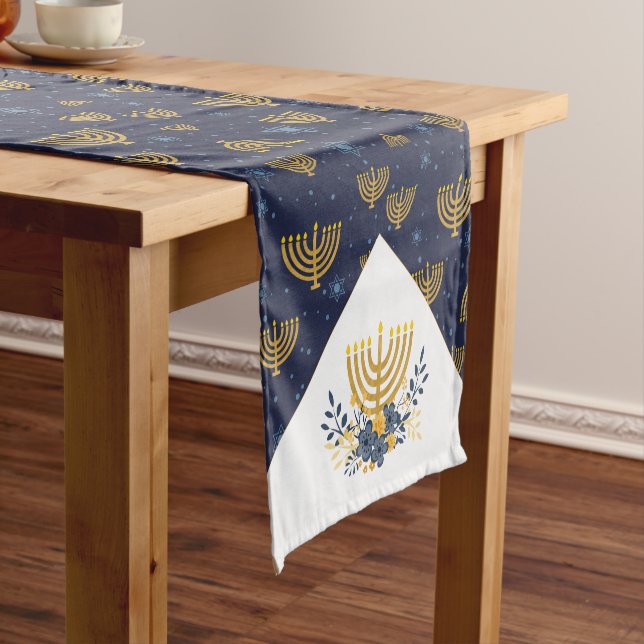 Hanukkah Festival of Lights Menorah Navy Blue Short Table Runner (In Situ)