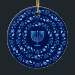 Hanukkah Festival of Lights Party Mandala Blue Ceramic Ornament<br><div class="desc">Happy Hanukkah Festival of Lights Party Mandala navy blue color decoration . Hanukkah Celebration - design for Home > Home Décor > Christmas Décor > Ornaments. Trendy design blue color, traditional Chanukah symbols - wooden dreidels (spinning top), donuts, Hanukkiah - menorah - hanukkiah, candles, Blue star of David, Israeli flag...</div>