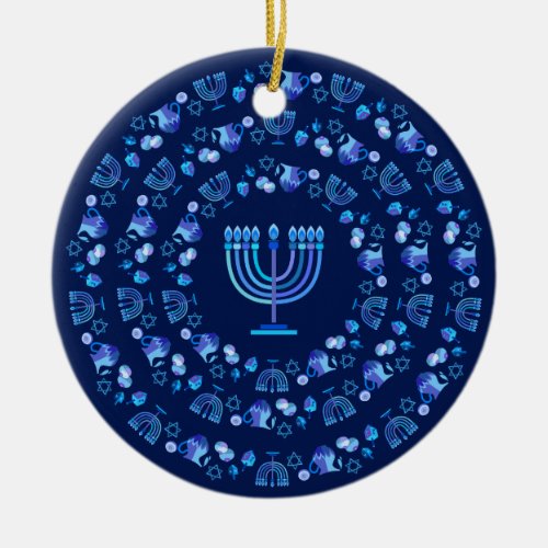 Hanukkah Festival of Lights Party Mandala Blue Ceramic Ornament
