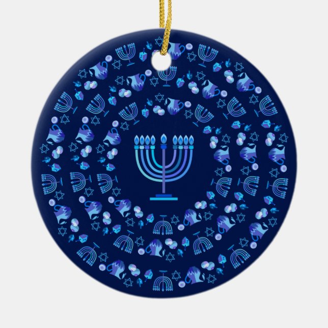 Hanukkah Festival of Lights Party Mandala Blue Ceramic Ornament (Front)