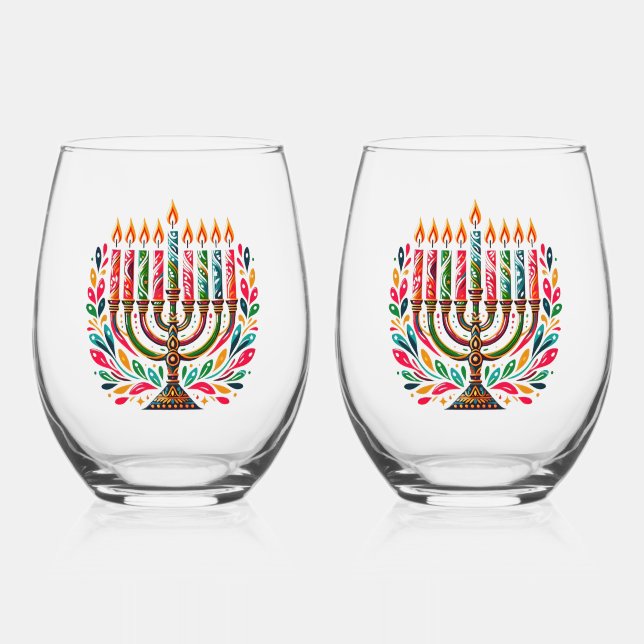 Hanukkah Festival Of Lights  Stemless Wine Glass (Front)
