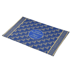 Hanukkah Festival Party Gold Menorah blue pattern Cloth Placemat