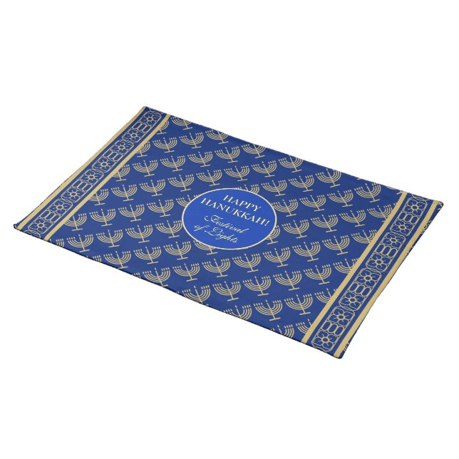 Hanukkah Festival Party Gold Menorah blue pattern Cloth Placemat (On Table)