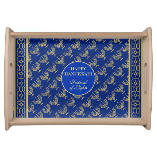 Hanukkah Festival Party Gold Menorah blue pattern Serving Tray