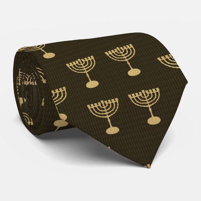 Hanukkah Festival Party Gold Menorah Pattern Neck Tie (Rolled)